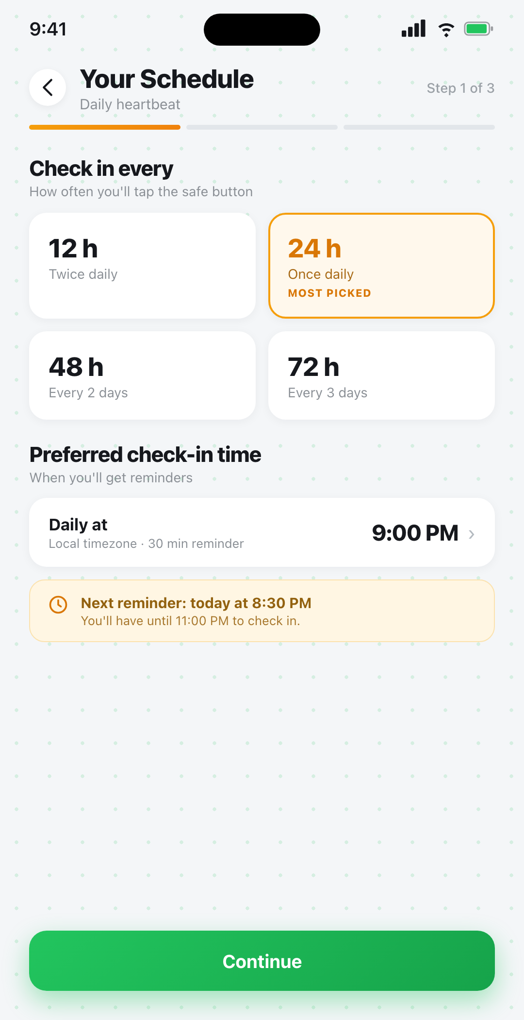 Beacon Safe setup screen where you choose your daily check-in time and how often to check in.