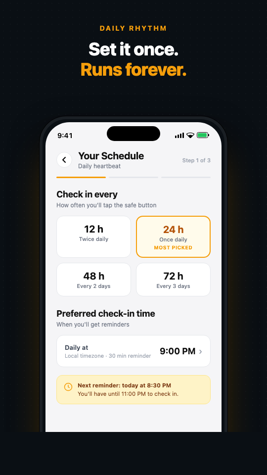 Beacon Safe onboarding screen showing initial setup