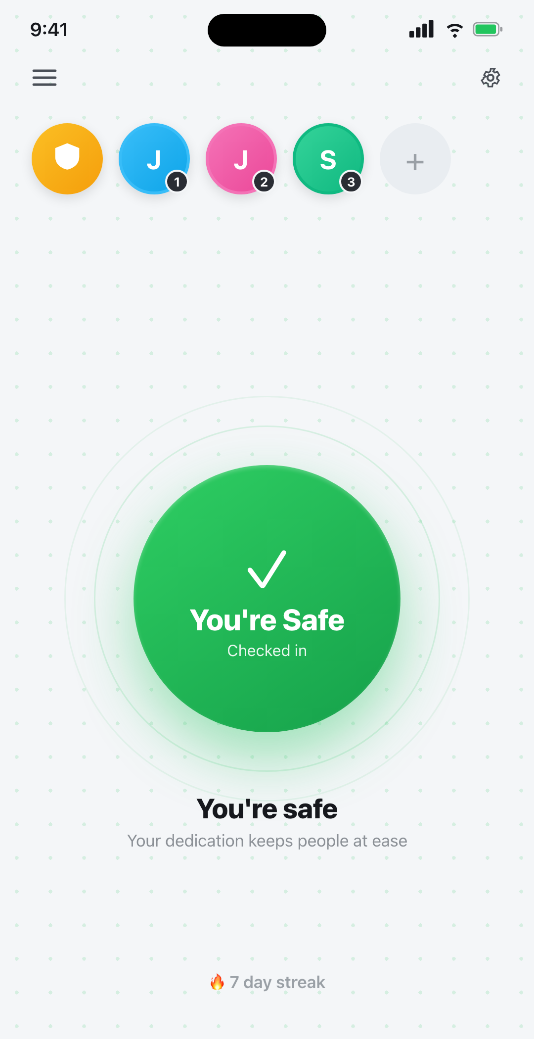 Beacon Safe home screen with the one-tap check-in confirmed — You're Safe — your emergency contacts, and a daily streak.